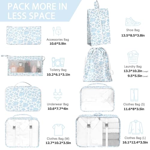 8 Set Packing Cubes for Travel, Luggage Packing Organizers Accessories Large Toiletries Bag for Clothes Shoes Cosmetics (Blue Flower) - color: 8Set-Blue Flower