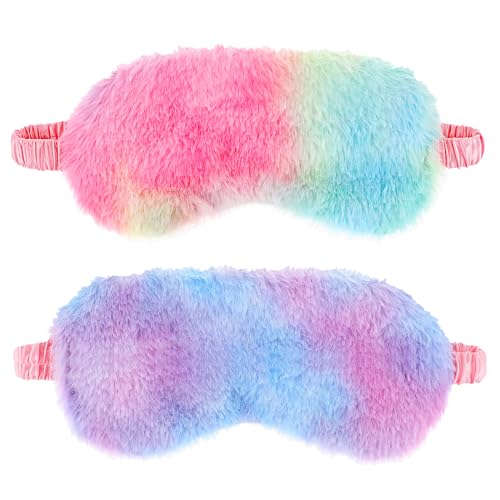 2 Pack Plush Sleeping Eye Mask Soft Plush Eye Mask Fuffy Eye Cover Comfortable Sleep Mask Blindfold Rainbow Faux Fur Eye Shade for Women, Men and Kids Travel Nap Sleeping - color: Rainbow