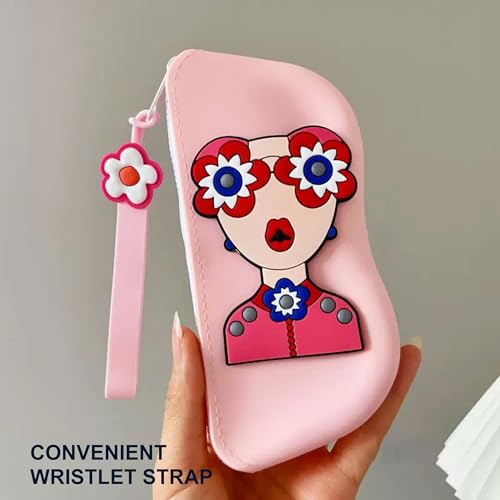 Longjet Soft Silicone Eyeglasses Pouch Case for Glasses and Sunglasses with Zipper Closure and Wristlet Strap - color: Pink