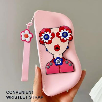 Longjet Soft Silicone Eyeglasses Pouch Case for Glasses and Sunglasses with Zipper Closure and Wristlet Strap - color: Pink