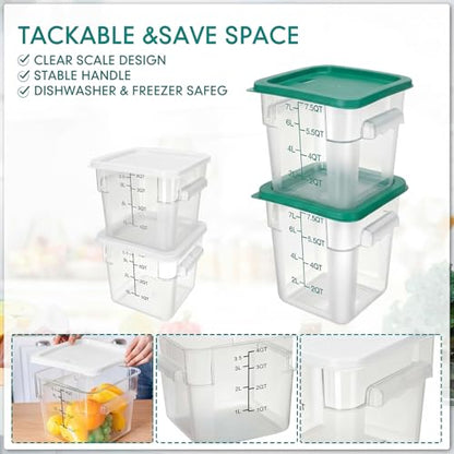 Lallisa 4 Pcs 8qt & 4qt Clear Food Storage Containers with Lids Handles and Scales, Stackable Plastic Square Food Storage Containers for Dough Proofing Baking Kitchen Restaurant(White, Green) - color: White, Green