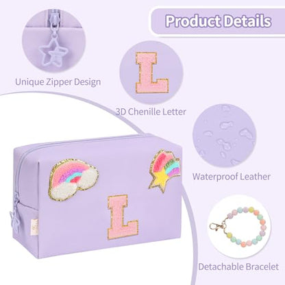 Initial Makeup Bag for Girls, Cute Makeup Bag Small Cosmetic Bag Travel Make Up Organizer Pouch, Birthday Gifts for Girls 4 5 6 7 8 9 10 11 12 13 14 15 Years Old, Teen Girls Gifts Trendy Stuff - color: Purple + Bracelet, style: L
