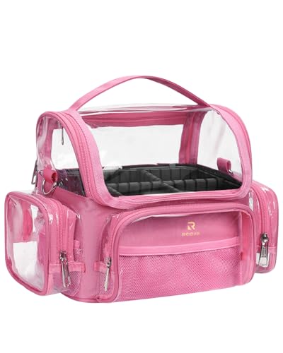 NAONAYA Pink Makeup Brush Bag, Large Makeup Brush Holder Professional Makeup Artist Travel Case Clear Waterproof Cosmetic Organizer Bag, Full Open Easy to Access, with Adjustable Strap and Dividers - color: pink, size: S