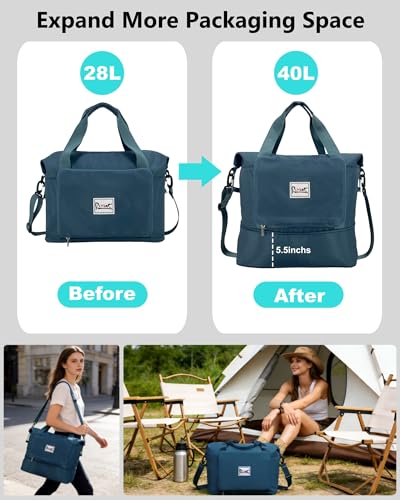 Foldable Travel Duffel Bag for Women, 40L Expandable Carry on Bag Personal Item Flight Approved, Overnight Weekender Bag with Wet Pocket for Gym Travel, Water-Resistant Nylon, Peacock Blue - color: Peacock Blue