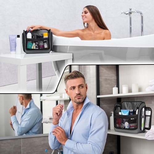Travel Toiletry Bag for Men and Women - (10.6”x10.6”x3.2”) Large Hanging Toiletry Organizer - Waterproof Hygiene Bag with Metal XXL Swivel Hook, with Sturdy Zippers and 19 Compartments for Toiletries - color: L Grey