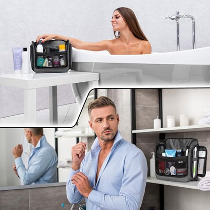 Travel Toiletry Bag for Men and Women - (10.6”x10.6”x3.2”) Large Hanging Toiletry Organizer - Waterproof Hygiene Bag with Metal XXL Swivel Hook, with Sturdy Zippers and 19 Compartments for Toiletries - color: L Grey