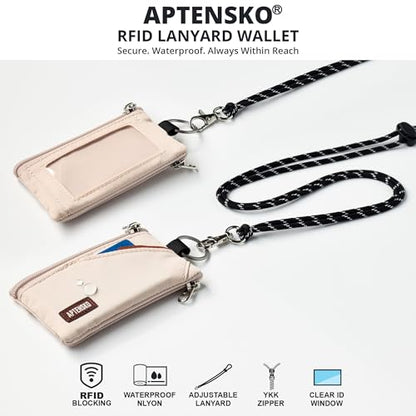 RFID Blocking Travel Wallet with Adjustable Lanyard, Small Nylon Zipper Pouch and Badge Holder for ID, Credit Cards, Cash, Keys, Commuters (Almond White) - color: Almond White