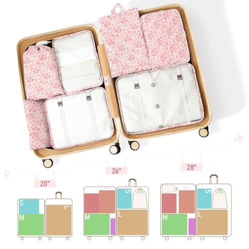Packing Cubes for Travel - 8 Set Luggage Organizer Bags for Family, Mesh Breathable Packing Cubes for Suitcases Durable Travel Essentials Bags Set - color: Pink Floral