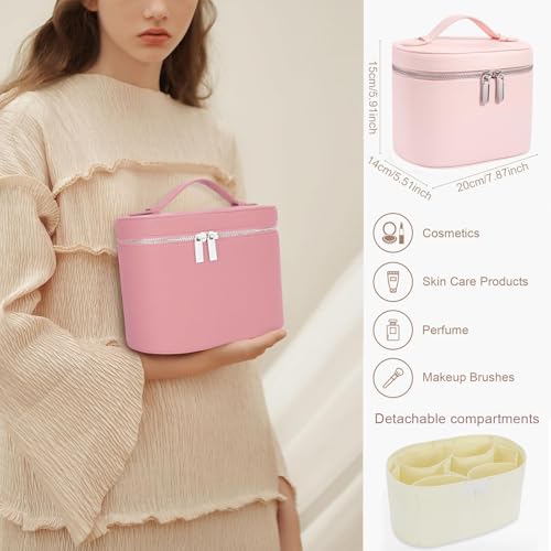 Leather Make Up Bags With Compartments, Pink Travel Cosmetic Bags for Women, Parallel Makeup Travel Bags Organizer Equipped With a Detachable Divider - color: pink