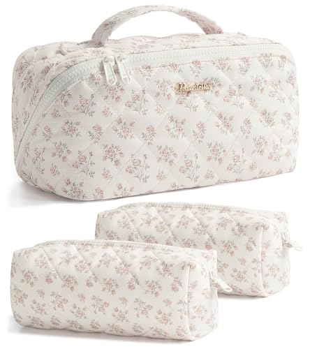 Travel Makeup Bag, 3 Pcs Large Capacity Puffy Toiletry Bag for Women, Open Flat Make up Cosmetic Organizer w/Handle & Clear Divider Water-resistant Portable Pouch Travel Essentials, L-Beige Rose - color: Beige Rose, size: large