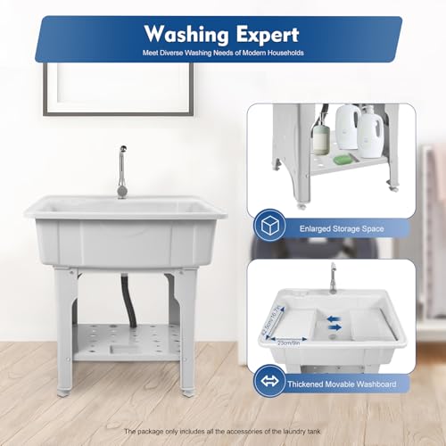 Freestanding Home Laundry & Utility Sinks, Plastic Laundry Sink with Washboard & Faucet Drain Kit, Indoor/Outdoor Water Sink lavadero for Laundry, Basement, Garage (31.5"D X 22.05"W X 31.5"H)