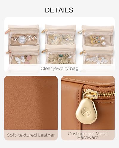 Vlando Jewelry Travel Case,Travel Jewelry Organizer with Clear Velvet Jewelry Bags 6Pcs Zipper Pouch for Women-Brown - color: E.6Pcs-Brown