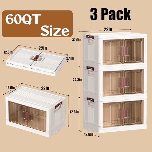 45GAL/180QT 3 tier large stackable storage bins with lid and wheels, collapsible storage bins plastic with doors，suit for clothes, closet, home and office - style: 3 Pack