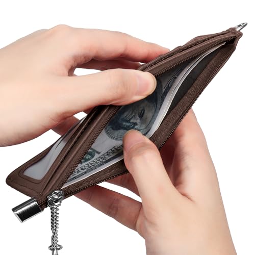 RFID Blocking Slim Credit Card Holder Wallet with Zipper Money Pocket & Keychain, Slim Airtag Wallet for Men Women - color: Cowhide Glossy Brown