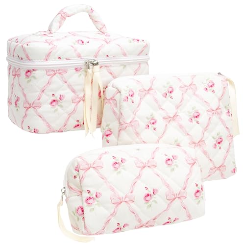 PAZIMIIK 3PCS Makeup Bag SET Large Travel Quilted Zipper Soft Cosmetic Case Pouch for Women Girls Make Up,Bow Rose - color: Bow Rose, size: 3 PCS SET