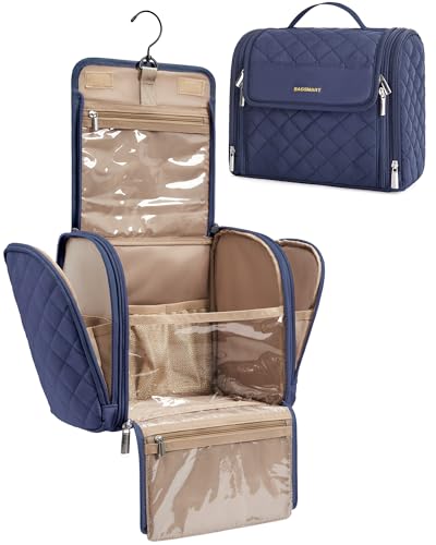 BAGSMART Makeup Bag for Women with Hanging Hook, Large Portable Capacity Water-resistant Organizer Travel Case for Toiletries and Cosmetics, Blue - color: Navy Blue, size: Large
