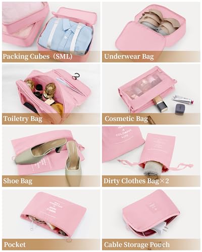 Anjing Packing Cubes for Suitcase 11PCS Luggage Packing Organizers Travel Essentials Luggage Organizer Hooked Toiletry Bag Cosmetic Bag and Shoes Bag, Pink - color: Pink-11pcs