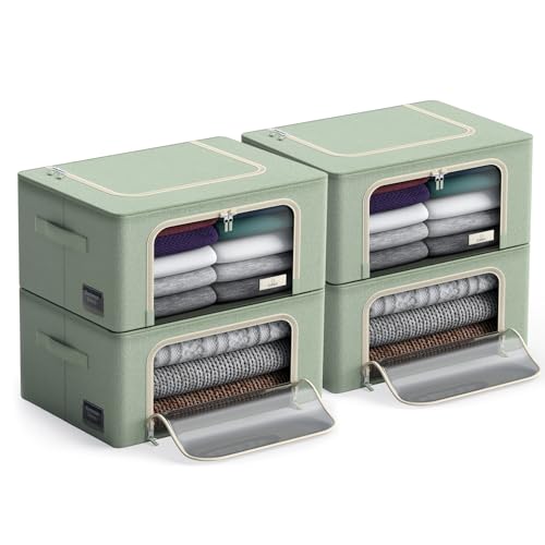 Sorbus Storage Bins with Metal Frame - Stackable & Foldable Clothes Organizer Bags - Oxford Fabric Storage Containers with Large Clear Window & Carry Handles, Bedroom Organization for Bedding & Linen - color: Teal, size: 4 Pack