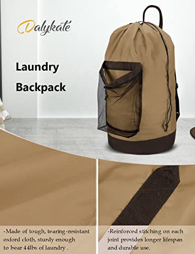 Dalykate Backpack Laundry Bag, Laundry Backpack with Shoulder Straps and Mesh Pocket Durable Nylon Clothes Hamper Bag with Drawstring Closure for College, Travel, Laundromat, Apartment - color: Golden Brown