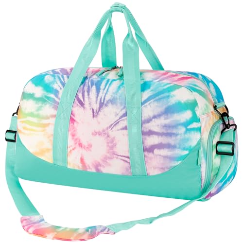 Choco Mocha Kids Duffle Bag, Girls Tie Dye Overnight Travel Bags for Kid with Shoes Compartment, Large Weekender Bag for Sleepover, Teal - color: Tie Dye-Teal