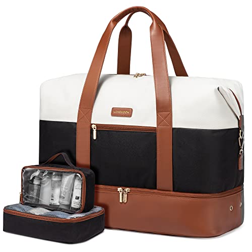 LOVEVOOK Weekender Bag for Women, Large Duffle Bag for Travel with 2 Packing Cubes, Carry on Overnight Bag with Shoe Compartment, Mom Hospital Bags for Labor and Delivery - color: Black-White-Brown, size: 56L-3Pcs