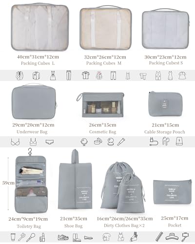 Anjing Packing Cubes for Suitcase 11PCS Luggage Packing Organizers Travel Essentials Luggage Organizer Hooked Toiletry Bag Cosmetic Bag and Shoes Bag, Gray - color: Grey-11pcs