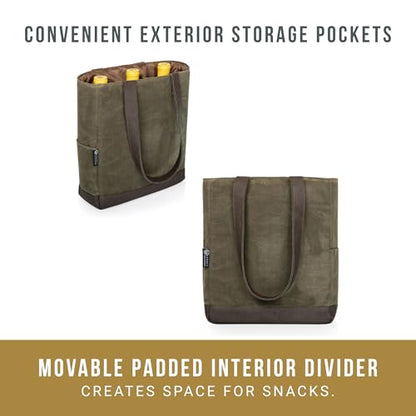 PICNIC TIME 2 and 3 Bottle Insulated Wine Bag, Distressed Waxed Canvas Wine Tote, Durable Bottle Carrier Bag for Gifts and Travel with Side Pockets & Removable Divider (Khaki Green with Brown Accents) - style: 3 Bottle