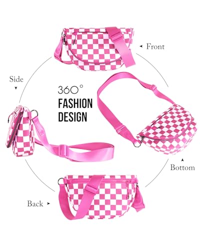 Crescent Bag for Women and Men, Fashion Medium Nylon Folding Crescent Moon Bag Single Shoulder Bag with Adjustable Strap - color: Crossbody bag- Rose Checkered