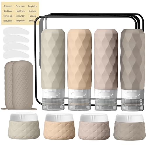 16Pack Travel Bottles for Toiletries, TSA Approved Travel Size Toiletries Containers Set, Silicone Leak Proof Refillable Bottles Elastic Sleeves Creams Jars Accessories Kit W/Clear Bag (Cream) - color: Cream