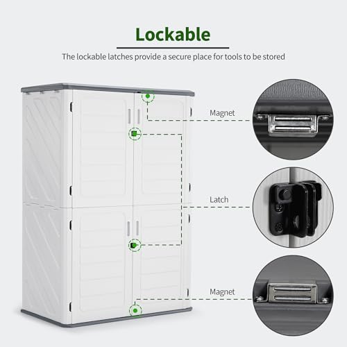 Macrout 50 Cu.Ft Plastic Outdoor Storage Cabinet with Shelves, 4.3 x 2.5 ft Waterproof Resin Outdoor Storage Shed with Floor, Lockable Vertical Shed for Garden and Patio - size: Medium