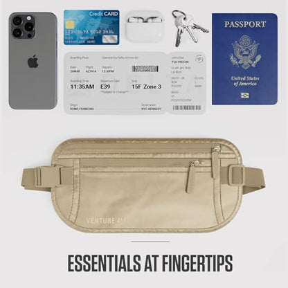 VENTURE 4TH Money Belt for Travel – Slim Hidden Under-Clothes RFID Blocking Anti-Theft Passport Holder & Travel Wallet Pouch for Men & Women to Protect Cash, Cards & Documents (Sleek Beige) - color: Sleek Beige