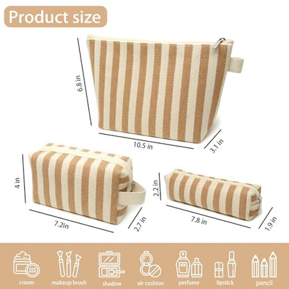 3 Pcs Makeup Bag Set Striped Canvas Purse Cosmetic Bag For Women Travel Toiletry Pouch Organizer pencil case (Khaki-White) - color: Khaki-White