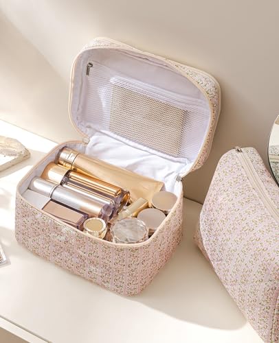 HBselect 2Pcs Travel Makeup Bag, Large Cotton Quilted Makeup Bag Cosmetic Bag Cute Make up Bag Toiletry Bags for Women Girls - color: 2PCS-FLOWER4