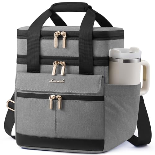 LOVEVOOK Insulated Lunch Bag Women Men,Expandable Double Deck Lunch Box for Women With Large Cup Holder,Leakproof Cooler Bag For Adult Lunch Tote Bag Work Picnic Beach with Adjustable Shoulder Strap - color: Grey with Black, size: X Large —23L