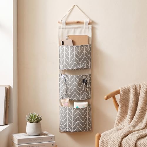 Wall Hanging Storage Bag, 3 Pockets Over The Door Closet Organizer, Cotton Linen Closet Organizer Door Pouch Bedroom Home Office Organizer (Gray)