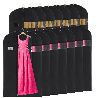 KEEGH 60'' Dress Bags for Gowns Long(Set of 15), Garment Bags for Hanging Clothes, Dress Bags for Closet Storage, Clothes Cover for Hanging Coats Dresses with Clear Window and Label Pocket, Black - size: 60"-15pcs