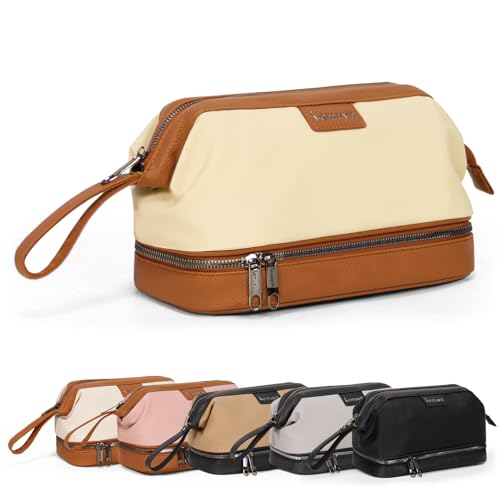 Double-Layer Toiletry Bag, Water-Resistant Hybrid Leather Cosmetic Organizer with Wet/Dry Compartments, 26x15x16cm (Cream, Double layer) - color: Cream