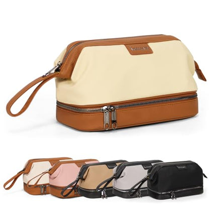 Double-Layer Toiletry Bag, Water-Resistant Hybrid Leather Cosmetic Organizer with Wet/Dry Compartments, 26x15x16cm (Cream, Double layer) - color: Cream