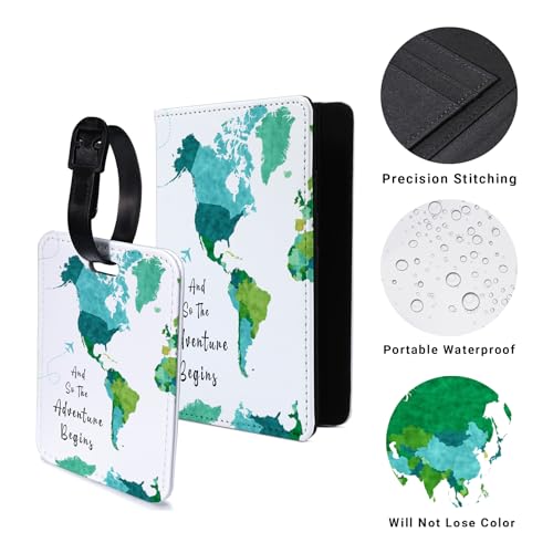 PDE-QUNLIAN Passport Book Holder,Passport Wallet for Men Mr and Mrs Passport Holder for Women Passport Cover World Map Passport Case for Couples Christmas Traveling Luggage Tag 2PCS - color: Green Map 2pcs (Passport Holder + Luggage Tag)
