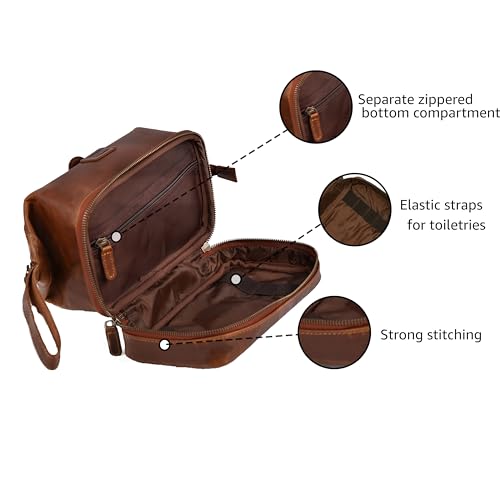 LEATHER VILLAGE Genuine Leather Dopp Kit – Large Travel Toiletry Bag with Waterproof Lining, Dual-Zip Design for Men & Women, Organizer for Shaving, Makeup & Essentials - Tan - color: Sun Tan