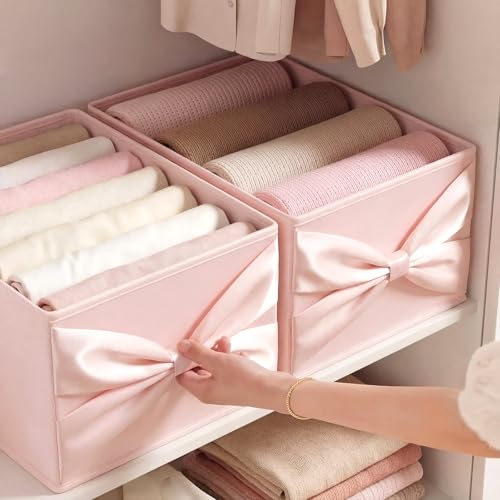 Gerrii 2 Pack Light Pink Bow Storage Bins for Closet 18.5" x 11.02" x 7.87" Large Stylish Fabric Organizers with Bow Handles Grid Dorm Organizer Open Compartments for Underwear Socks Accessories