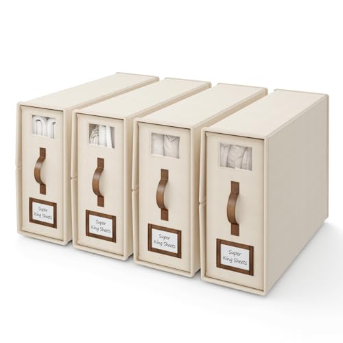 4 Pack Foldable Bed Sheets Set Organizers and Storage(Cal King Size),Linen Fabric Closet Organizers with Window,Folding Bedding Storage Box for Bedsheets and Pillow Cube Organizer-Beige - color: Beige, size: 4 Pack-Cal King Size-5.2 Gal