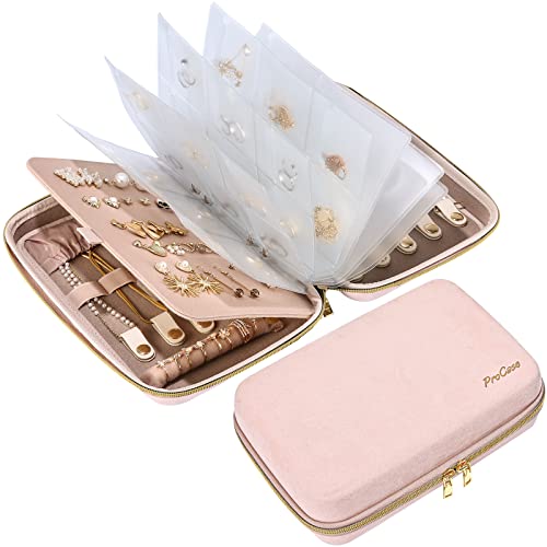 ProCase Large Travel Jewelry Organizer Case, Jewellery Home Storage Book Ring Binder with Clear Pockets for Presentation, Zippered Pouch Bag for Earrings Necklaces Bracelets -Pink - color: Pink, size: Large, Loose-leaf