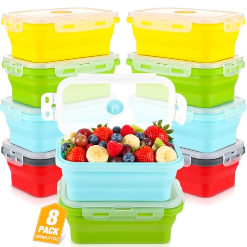 Mifoci Set of 8 Silicone Collapsible Bowls for Camping with Vent Lid Silicone Storage Containers for Food Meal Preparation Square Bowl Microwave Freezer Dishwasher Safe (Candy Color,17 Oz/ 500 ml) - color: Candy Color, size: 17 oz/ 500 ml
