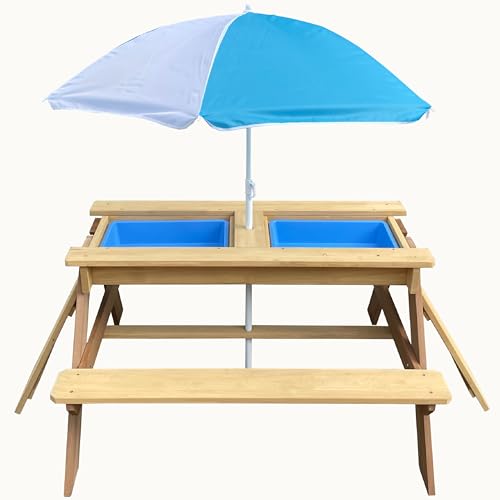 BTExpert Kids 3-in-1 Sand Water Activity Table Wooden Outdoor Convertible Picnic Table Bench Adjustable Umbrella Removable Top 2 Play Boxes Toy Set 37 x 35 in - color: Clear, size: 37 x 35 in