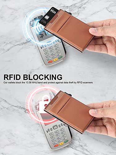 TOYFID Pop Up Credit Card Wallet for Men - Metal Slim Minimalist Cards Holder with Money Pocket - RFID Blocking Ultralight Small Aluminum Wallet - color: Brown A