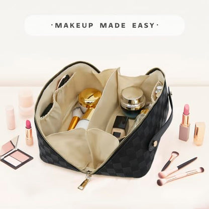 Travel Makeup Bag – Large Cosmetic Organizer with Waterproof PU Leather, Smooth Double Zipper & Tear-Resistant Lining, Toiletry Pouch for Women (Black) - color: 02-Black