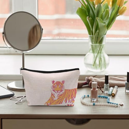 Preppy Tiger Makeup Bags, Pink Tiger Print Gifts Cosmetic Bags for Women, Small Trendy Aethetic Tigers Animal Lovers Gift Zipper Makeup Bag Pouches for Purse - color: PinkTiger