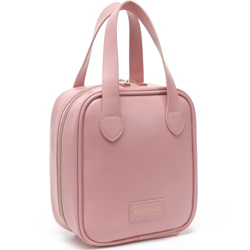 Fammart Travel Makeup Bag, Large Flat-Open Cosmetic Bag Make Up Organizer Case for Women, Waterproof PU Leather Toiletry Bag with Brush Compartment Skincare Pouch for Toiletries Accessories - color: PU, Flat Open - Pink