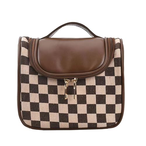 Vintage Makeup Bag for Women Portable Retro Checkered Pattern Cosmetic Organizer Patchwork Style Pillow Storage Pouch Skincare Storage Bag Large Capacity Elegant Handheld Waterproof Handbag (Brown-S) - color: Brown-S